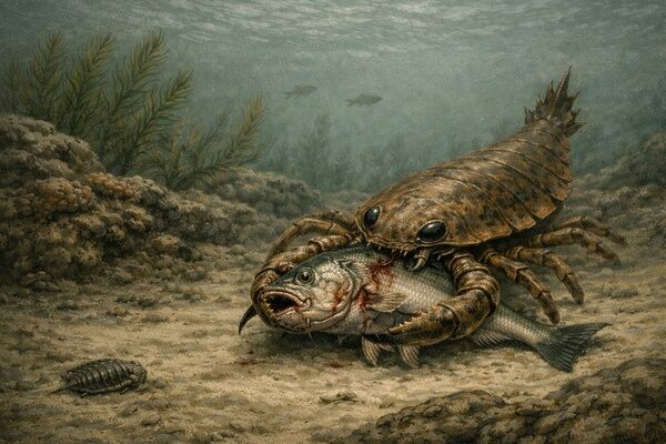 Silurian ambush: A eurypterid pins a prehistoric fish against the seafloor.